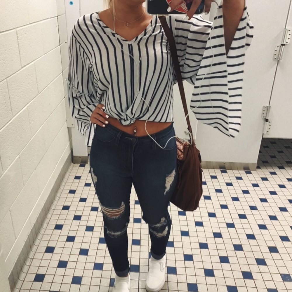 Flowy Blue and White Bell Sleeve Blouse